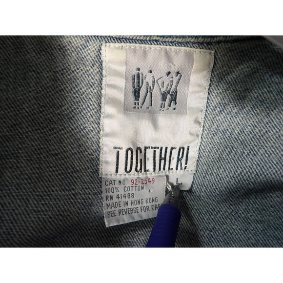 Vtg 90s Together Jean Jacket Sz Large Denim Eyelet Crochet Buttons READ - Picture 7 of 16